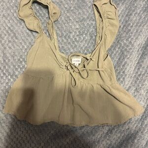 La Hearts Tan Ruffled Tie Front Peplum Blouse